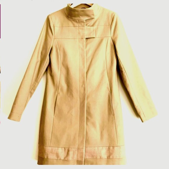 Trench Coat Camel Color Mock Turtleneck Collar Mid Length - Picture 4 of 9